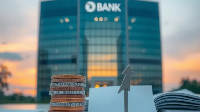 Bank tower at dusk with rupee coins, representing Axis Bank quarterly results