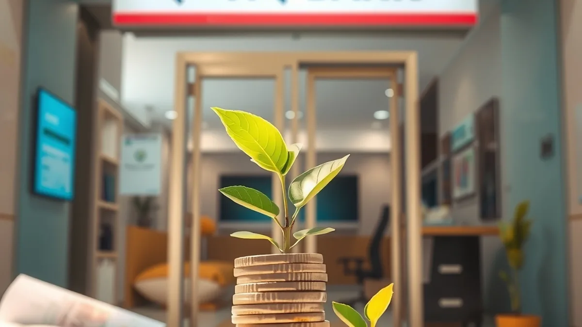 Bank branch with rupee coins in the foreground representing bank quarterly profit