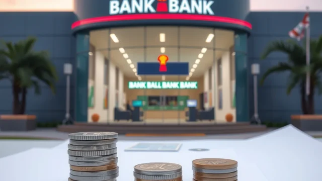 Bank building with rupee coins and an insurance shield symbol representing a financial services group