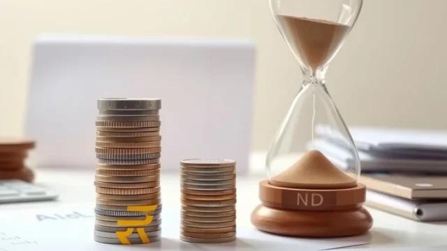 Coins and a rupee symbol beside an hourglass, representing government bond maturities