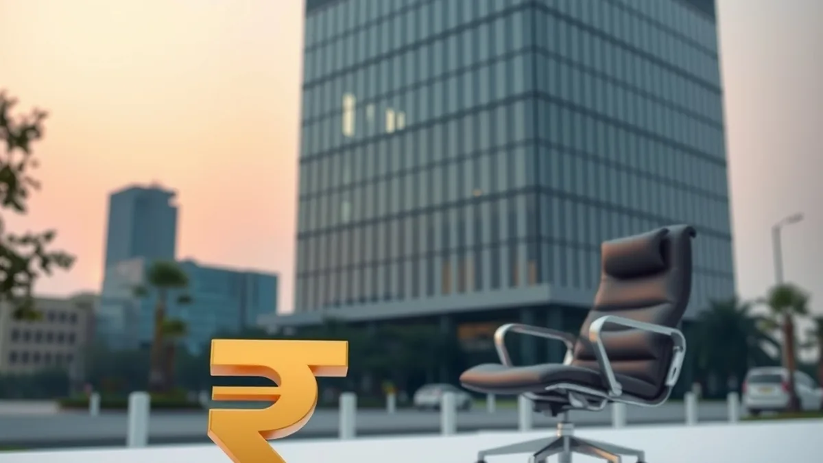 Empty executive chair and rupee symbol before a bank tower, representing a leadership change at a bank