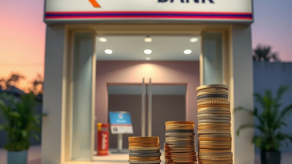 Bank branch with rupee symbol and stacked coins, representing bank quarterly results