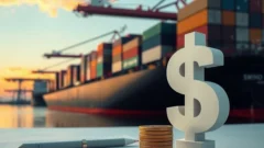Container port at dusk with dollar coins, representing India's trade and balance of payments