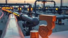 Gas pipeline network at dusk with a rupee symbol made of coins, illustrating the Indian Gas Exchange IPO