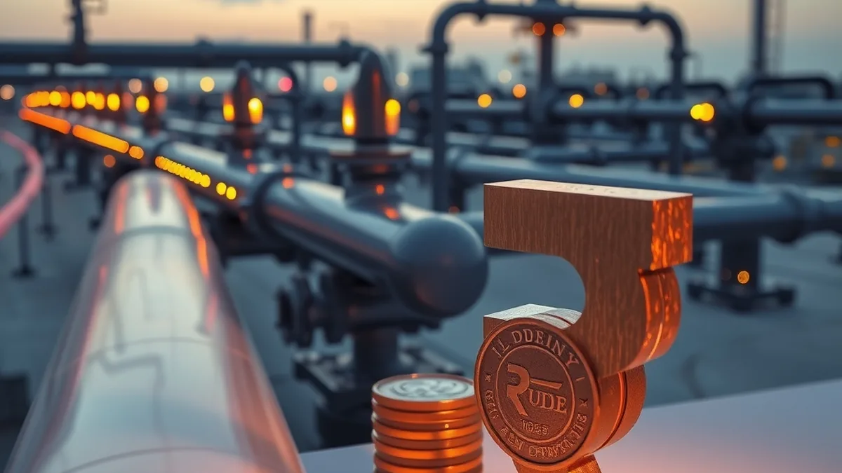 Gas pipeline network at dusk with a rupee symbol made of coins, illustrating the Indian Gas Exchange IPO