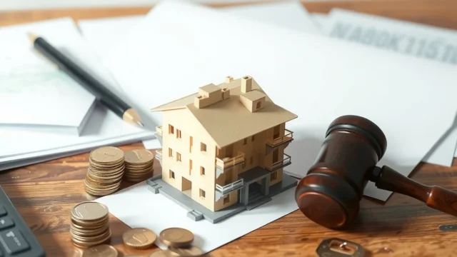 Model building, coins and a gavel representing a property redevelopment tax dispute