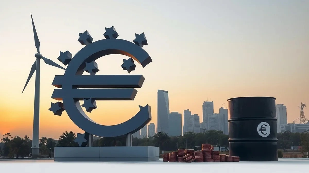 Euro symbol next to a wind turbine and oil barrel, representing euro area energy-driven inflation