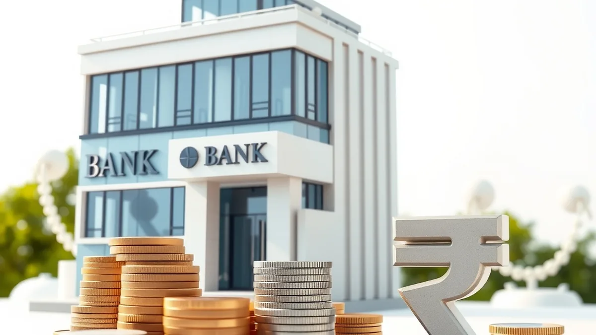 Two bank branches joining as puzzle pieces beside coins, representing a bank merger in India