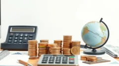 Desk with currency notes, calculator and globe representing the forex market