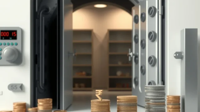 Bank vault with rupee notes and a balance scale, illustrating a cash reserve on forex derivatives