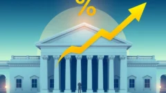 Illustration of a central bank building with an upward arrow, representing RBI's October 2026 rate hike