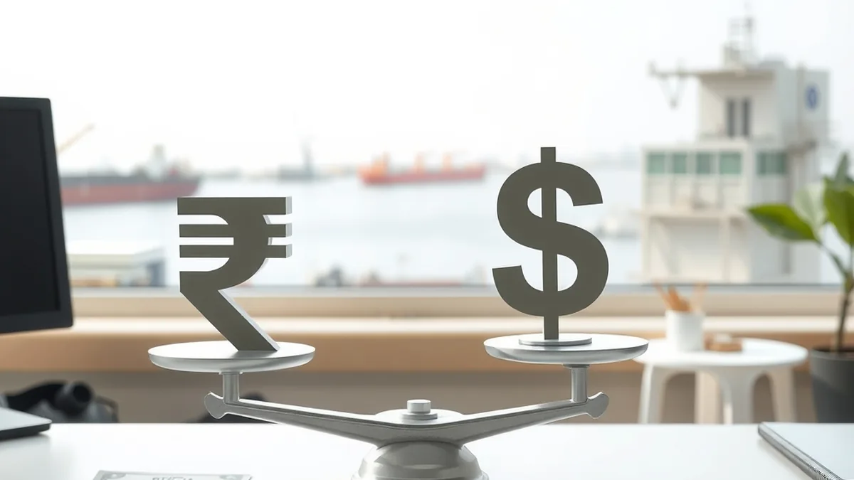 Rupee and dollar symbols on a balance scale with an oil tanker harbour behind