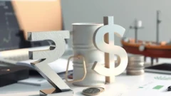 Rupee and dollar symbols on a desk with an oil barrel and ship model, representing rupee exchange rate moves