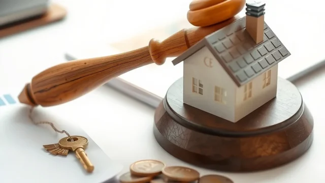 Gavel, model house and key symbolising release of an attached property