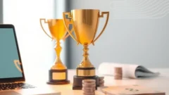 Trophy beside a laptop and coins with circuit patterns, representing an AI investor education award