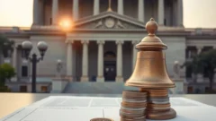 Government building and a listing bell with coins, representing SEC discussion on IPO reform