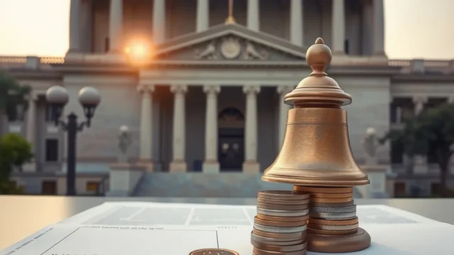 Government building and a listing bell with coins, representing SEC discussion on IPO reform