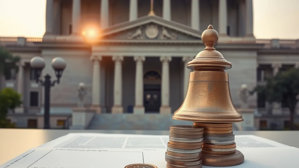 Government building and a listing bell with coins, representing SEC discussion on IPO reform