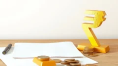 Gold bars and coins beside a rupee symbol, representing Sovereign Gold Bond redemption