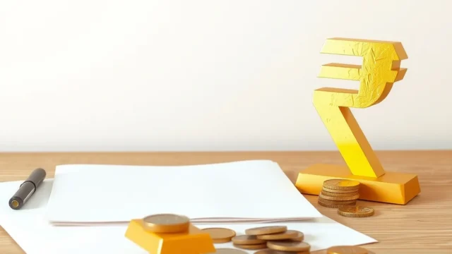 Gold bars and coins beside a rupee symbol, representing Sovereign Gold Bond redemption