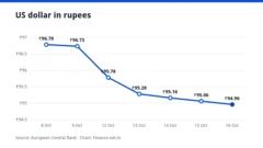 Line chart of the US dollar in rupees over seven working days, ending at ₹94.96 on 16 October 2026